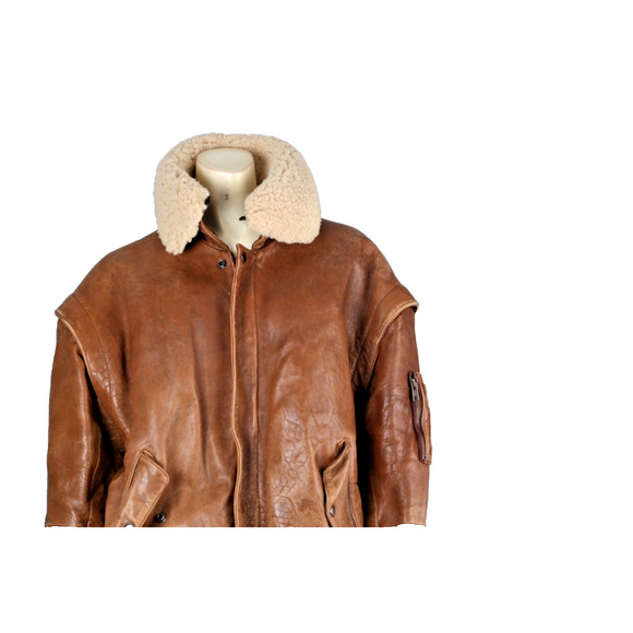 Vintage Midway Brown Leather Zipper Bomber Jacket Size 40 Sheep Shearling Collar - Picture 3 of 16